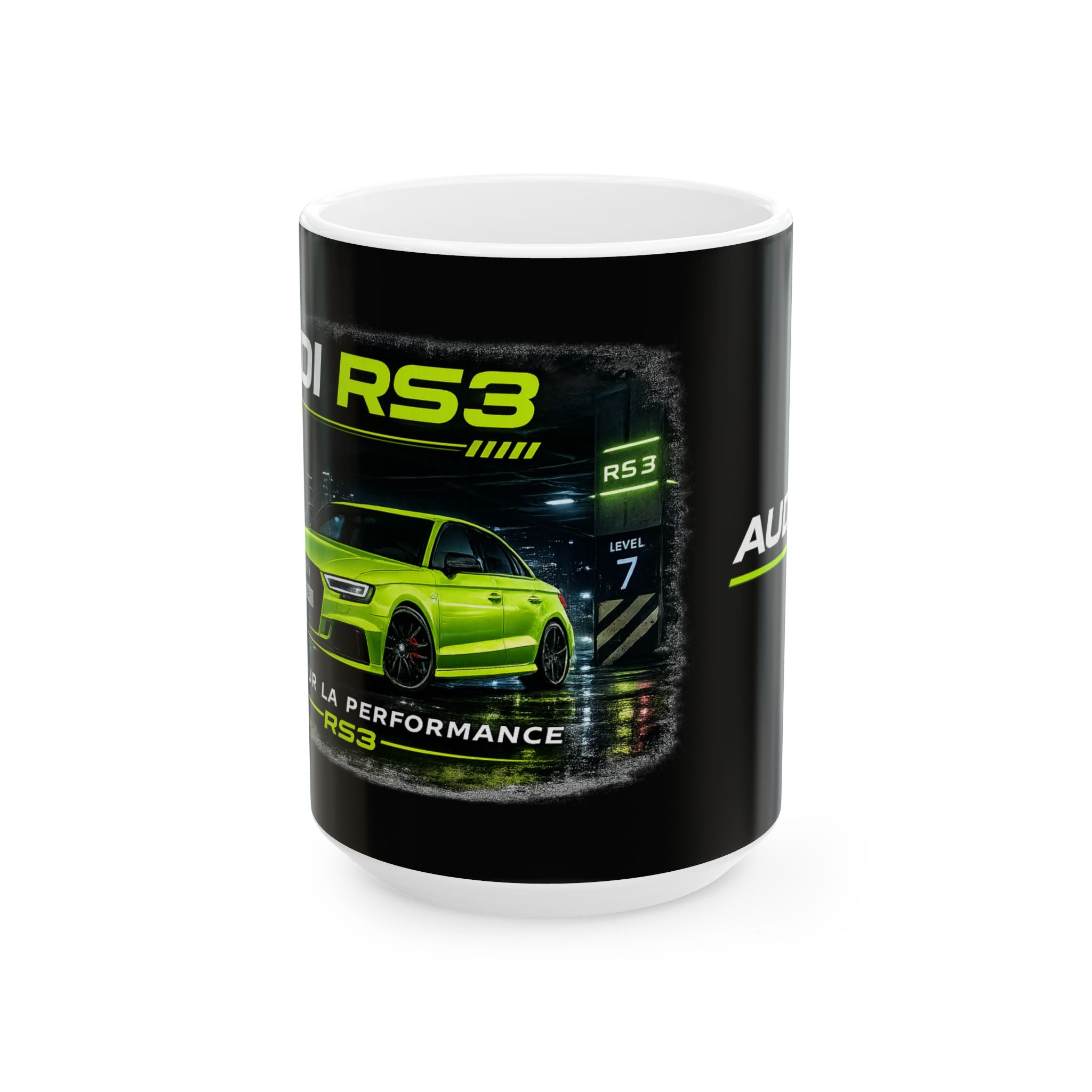 Audi RS3 Performance Ceramic Mug — Neon Green Sports Car Coffee Cup (11oz/15oz)